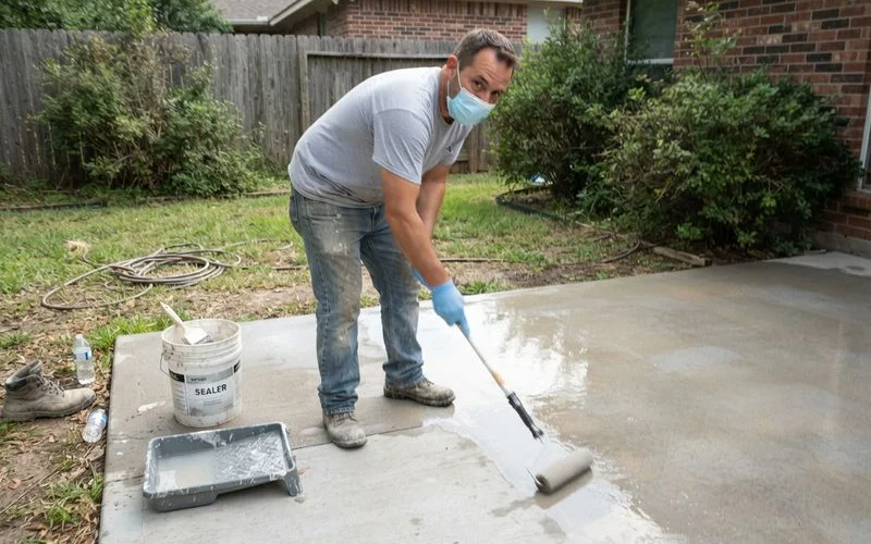 A gloved hand applying a clear concrete sealer with a roller along the edge of a patio, with warning tape marking the area