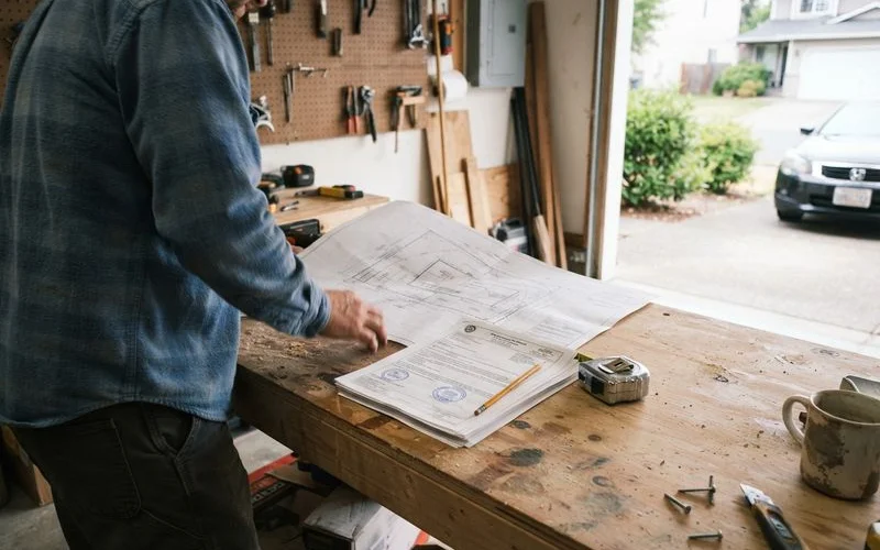 A building permit document and a site plan sketch laid out on a table next to a hard hat