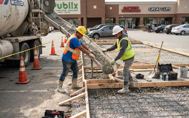 A commercial parking lot under construction at night with work lights illuminating a fresh concrete pour near a loading dock