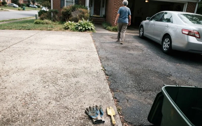 A split view showing a smooth gray concrete driveway on one side and a dark asphalt driveway on the other, both freshly finished