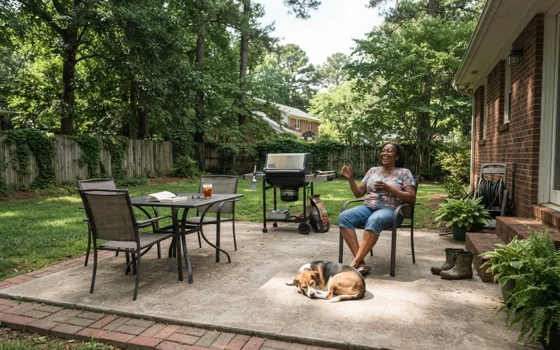 A finished patio combining a poured concrete slab base with a brick paver border and a stacked-stone fire pit