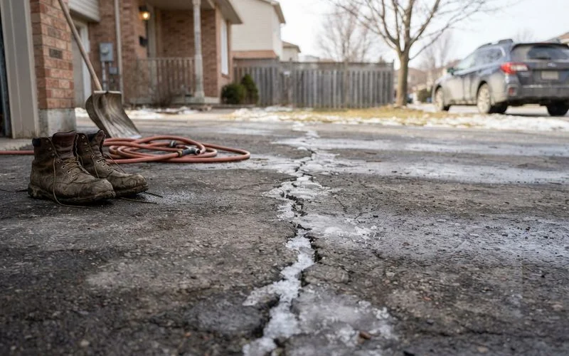 A concrete driveway in early spring showing a hairline crack near a control joint after a winter of freeze-thaw cycling