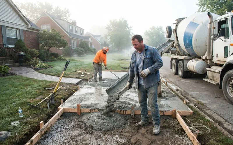 A concrete crew finishing a driveway pour early in the morning to avoid the afternoon heat, with a delivery truck parked nearby