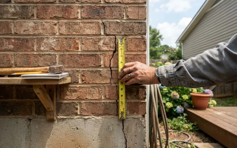 A homeowner measuring a foundation crack width with a coin held next to it for scale