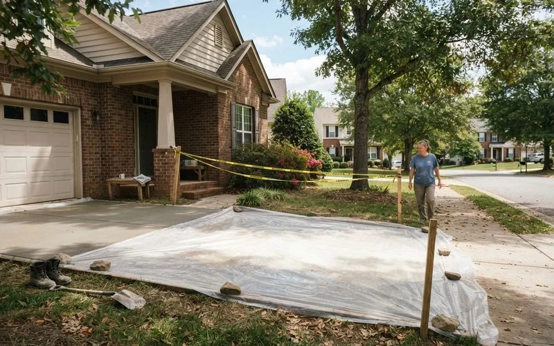 A newly poured concrete driveway curing in late afternoon light with wooden forms still visible along the edges