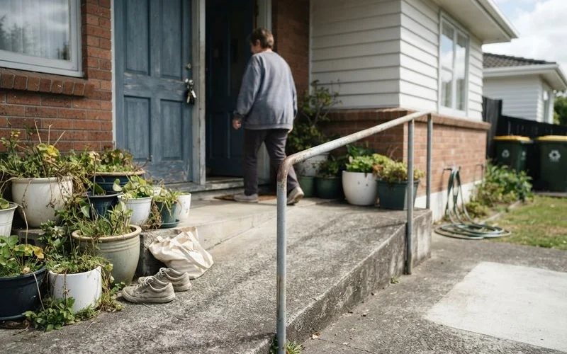 A gently sloped concrete ramp with a broom-textured non-slip surface leading up to a home's front entrance