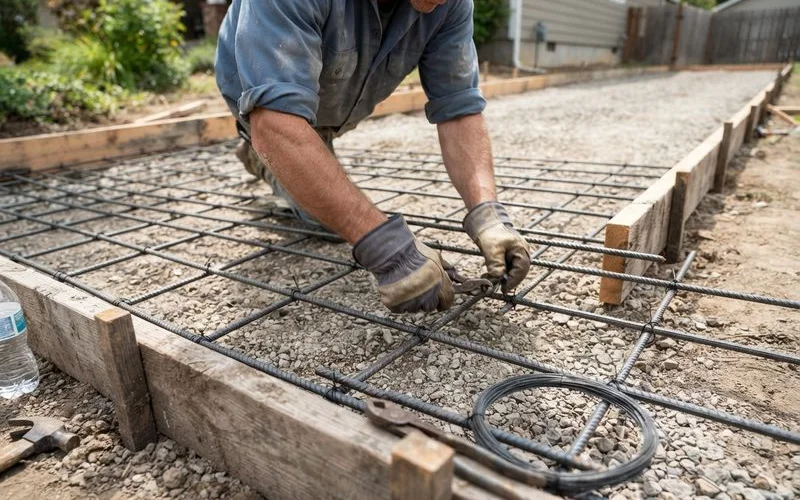 A crew laying steel rebar in a grid pattern inside wooden driveway forms before the concrete truck arrives