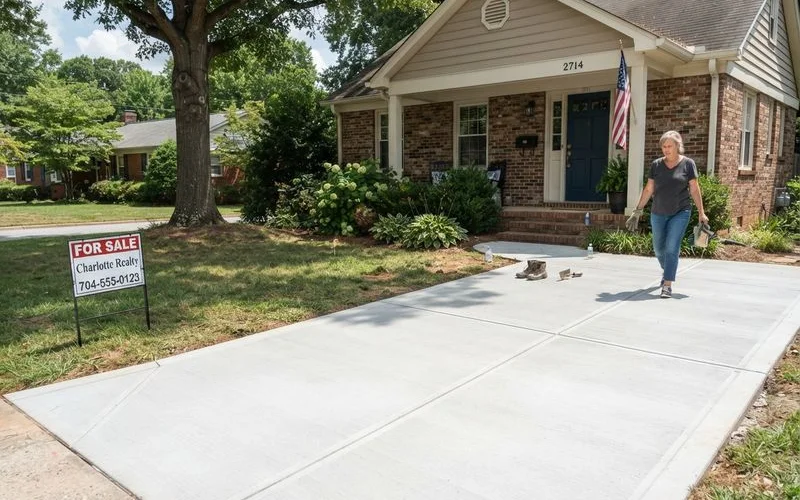 A freshly repaired and pressure-washed concrete driveway leading up to a home with a for-sale sign visible in the yard