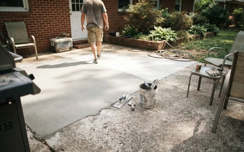 A contractor using a hand trowel to finish a resurfaced section of concrete patio next to an older, weathered slab