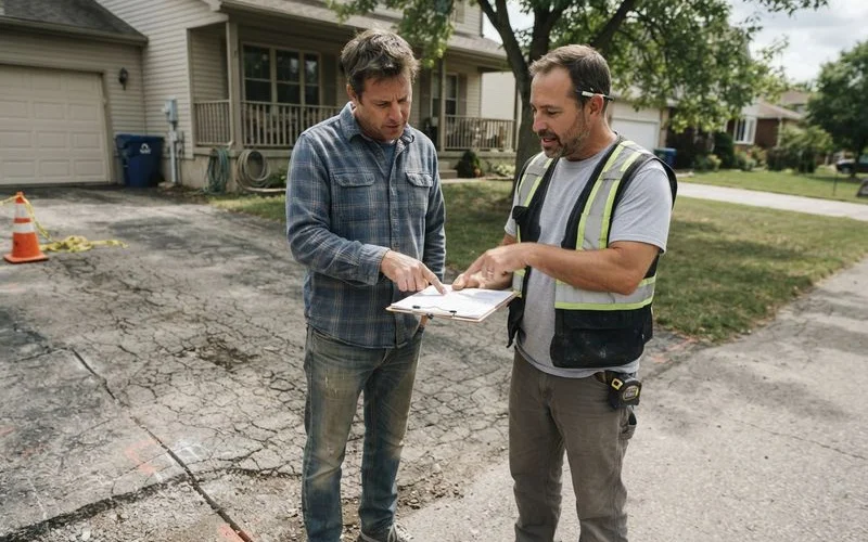 A homeowner and a contractor reviewing a written quote together on a clipboard at a kitchen table