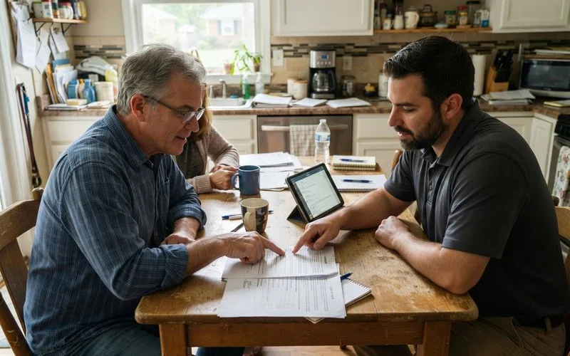 A homeowner reviewing a signed contract and a phone with unanswered call logs on a kitchen table