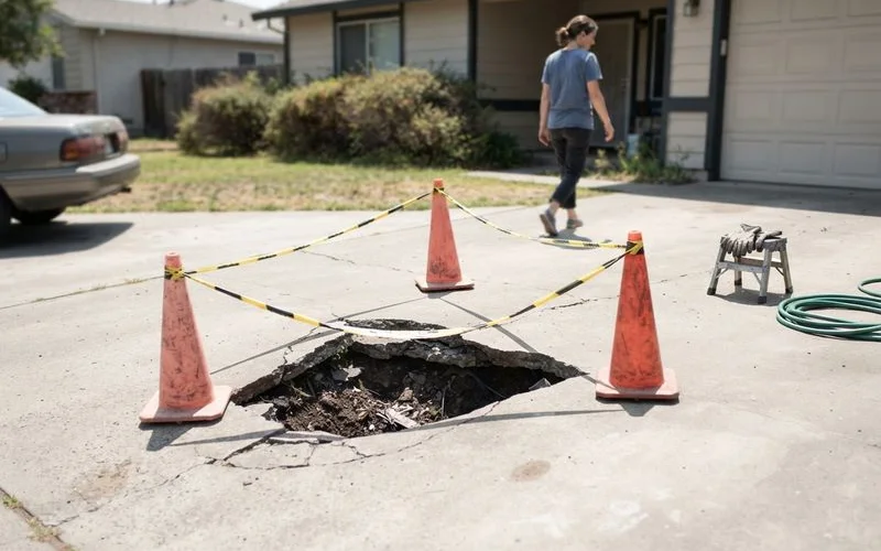 A cordoned-off sinkhole near a residential driveway with orange safety cones marking the hazard area