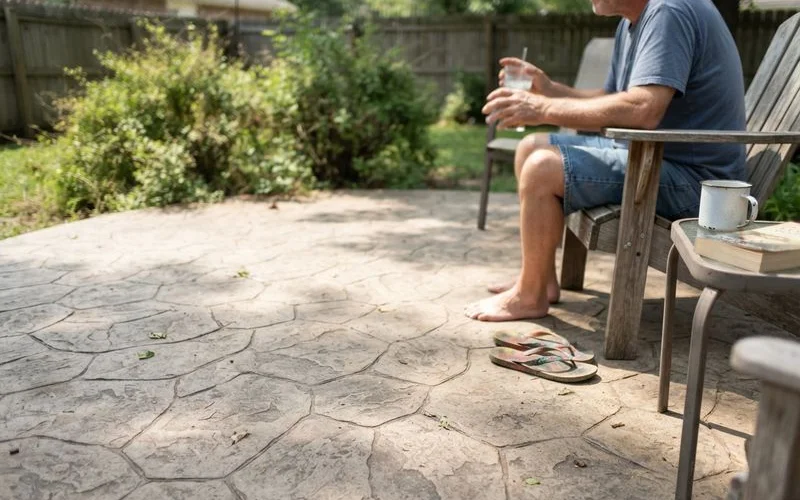 A stamped concrete patio finished in a stone-look pattern with a subtle two-tone coloring near a backyard seating area