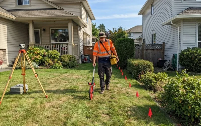 A licensed surveyor using a measuring tool to mark a property boundary line with small flags near a yard